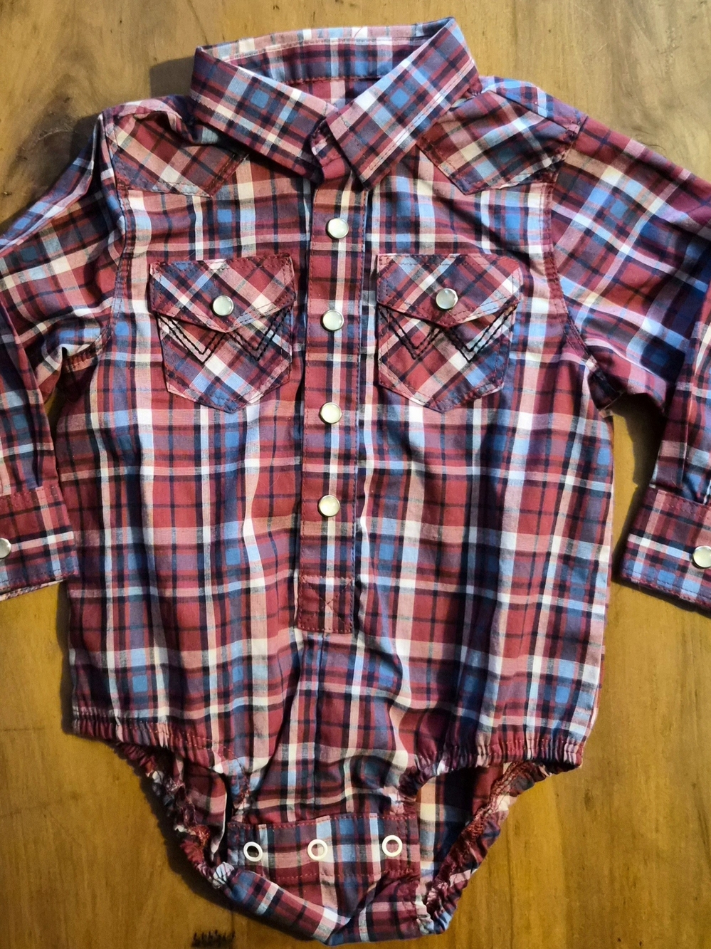 Wrangler Red and Blue Plaid Snap-Front Button-Down Shirt Bodysuit